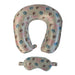 A travel sleep set consisting of a U-shaped neck pillow and a matching eye mask. Both items are made of a very light green fabric featuring a repeating "Blossoms and Bows" pattern of pink ribbons, blue flowers, and the Buc-ee's beaver mascot. Displayed on a clean white background.