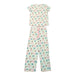 A top-down view of the Adult Blossoms & Bows Pajama Set pieces. A light green short-sleeve shirt is positioned above the matching pajama pants. Both pieces feature the signature pattern of pink bows, blue flowers, and the Buc-ee's beaver mascot. The pants include a functional pink drawstring at the waist, and both the shirt and pant cuffs are finished with a ruffled lettuce-edge hem. Displayed on a clean white background.
