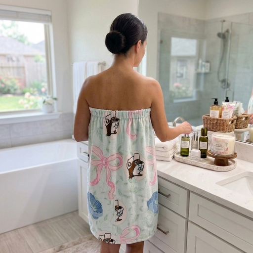 A lifestyle product image featuring a woman from behind in a bright, modern bathroom, wearing the Buc-ee's "Blossoms and Bows" towel wrap. The view showcases the back of the mint green wrap, which features a seamless pattern of the Buc-ee's beaver, pink bows, and blue flowers with no pockets on the rear side. She is standing at a white marble vanity with various unbranded skincare bottles and a lit candle. In the background, a white soaking tub sits under a window overlooking a lush green yard.