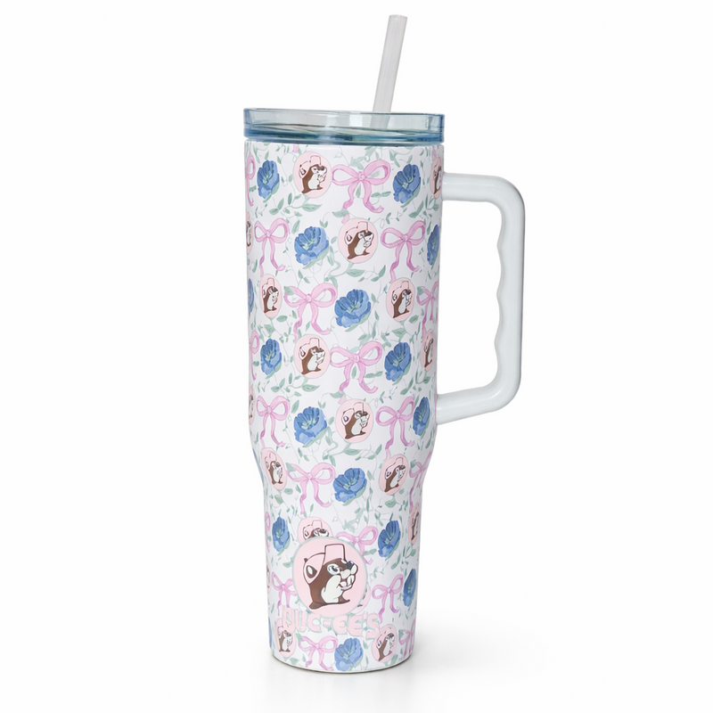 Buc-ee's Blossoms and Bows Tumbler back view classic white background.
