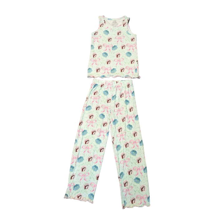 A top-down view of the Youth Blossoms & Bows Pajama Set pieces. A light green tank top is positioned above matching pajama pants, both featuring the signature pattern of pink bows, blue blossoms, and the Buc-ee's mascot. Both the tank top and the pants (which have no drawstring) are finished with a delicate, ruffled pink lettuce-edge hem. Displayed on a clean white background.