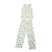 A top-down view of the Youth Blossoms & Bows Pajama Set pieces. A light green tank top is positioned above matching pajama pants, both featuring the signature pattern of pink bows, blue blossoms, and the Buc-ee's mascot. Both the tank top and the pants (which have no drawstring) are finished with a delicate, ruffled pink lettuce-edge hem. Displayed on a clean white background.