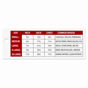 Buc-ee’s pet pajama size chart on a white tag, featuring measurements for neck, back, and chest in sizes Small through XX-Large, along with common dog breeds for each size.