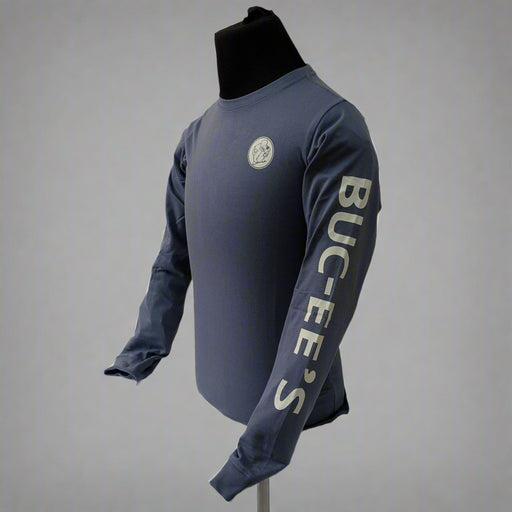 Buc-ee’s blue long sleeve shirt on mannequin with side sleeve text and chest logo.