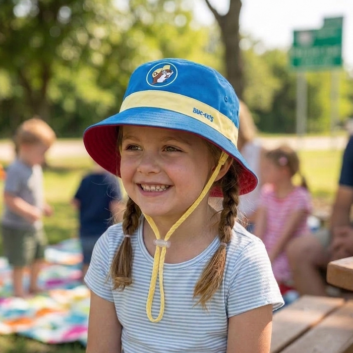 A lifestyle photo of a young girl with braided hair smiling outdoors at a park. She is wearing the Buc-ee’s Blue Reversible Kids' Bucket Hat, which features a vibrant blue crown, a contrast yellow band with "BUC-EE'S" text, and the circular beaver logo centered on the front. The hat is secured with a matching yellow chin strap and clear adjustable toggle. The  red side of the hat is visible on the underside of the brim.