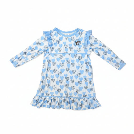 Light blue and white toddler gown with long sleeves, ruffled hem, snow-leopard heart pattern, and a small Buc-ee’s logo patch on the chest, displayed on a clean white background.