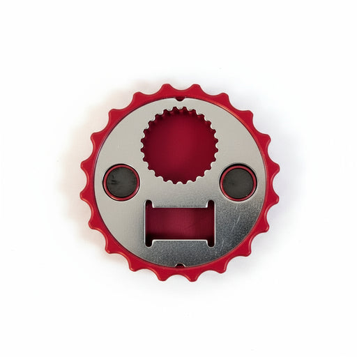 A red Bottle Cap Opener that has the Buc-ee's logo on the front with a bottle cap style. 