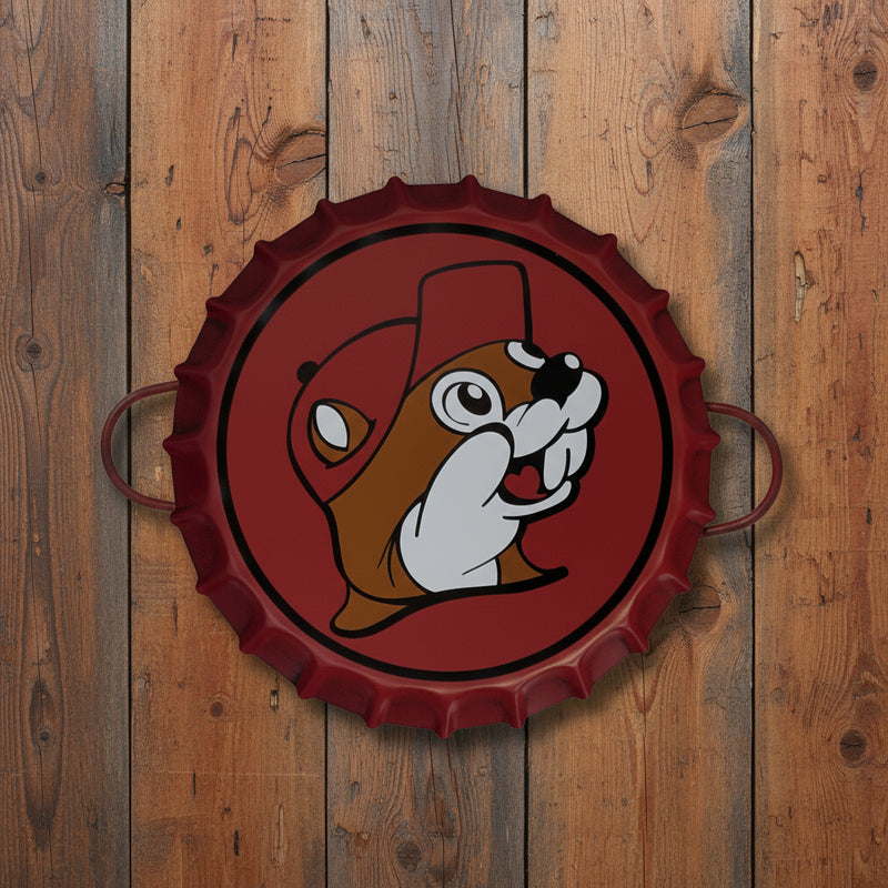 This large red metal bottle cap tray features the beaver logo and handles — perfect for parties, snacks, and décor.