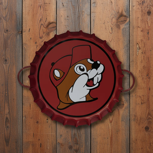 This large red metal bottle cap tray features the beaver logo and handles — perfect for parties, snacks, and décor.