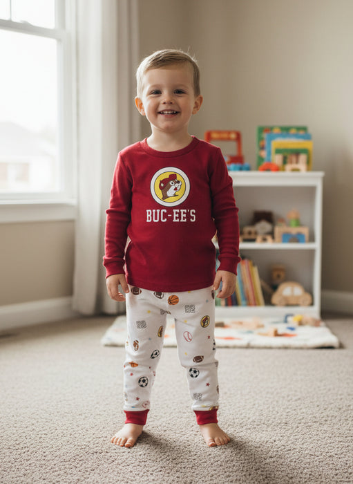 A young boy pictured wearing Buc-ee’s boy’s snug fit pajama set with red long-sleeve Buc-ee’s logo top and white sports-print pants featuring footballs, basketballs, soccer balls, and “82” accents.