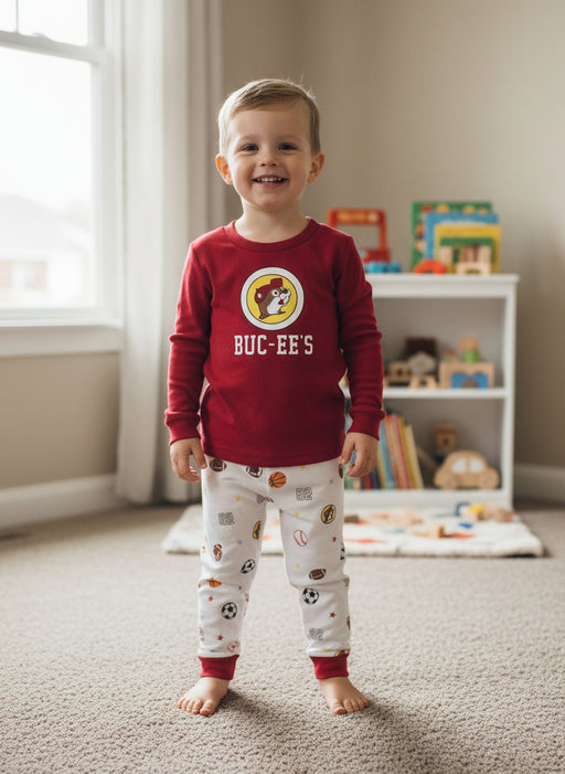 A young boy pictured wearing Buc-ee’s boy’s snug fit pajama set with red long-sleeve Buc-ee’s logo top and white sports-print pants featuring footballs, basketballs, soccer balls, and “82” accents.