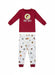 Buc-ee’s boy’s snug fit pajama set with red long-sleeve Buc-ee’s logo top and white sports-print pants featuring footballs, basketballs, soccer balls, and “82” accents, displayed on a clean white background.