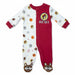 Buc-ee’s boy footed sleeper with red top, Buc-ee’s logo, white sports-print sleeves and legs, and beaver-face footies, displayed on a clean white background.
