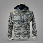 Front view of Buc-ee’s brown camo hoodie with bold logo on chest, shown on mannequin