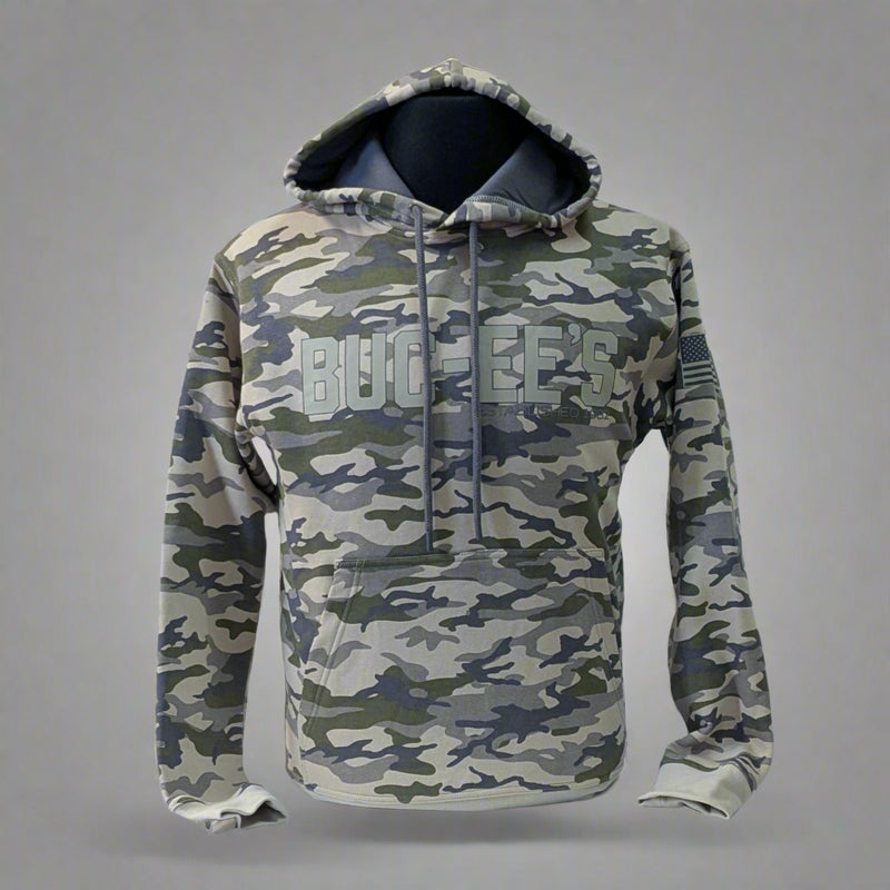 Front view of Buc-ee’s brown camo hoodie with bold logo on chest, shown on mannequin