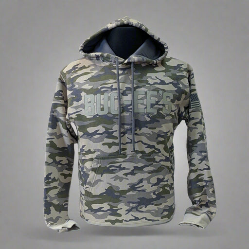 Front view of Buc-ee’s brown camo hoodie with bold logo on chest, shown on mannequin