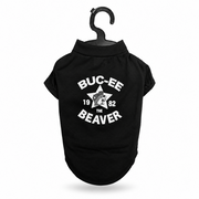 Black pet shirt on a hanger with white "Buc-ee the Beaver 1982" star graphic on the back, on white