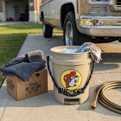 A lifestyle photo of the tan Buc-ee’s 5-gallon bucket being used for car detailing. The bucket, filled with soapy water and a grey microfiber wash mitt, sits on a concrete driveway next to a vintage tan pickup truck. Beside the bucket is a brown cardboard box labeled "Premium Detailing Solutions" topped with folded grey microfiber towels and a detailing brush. A brass-nozzle garden hose is coiled on the ground to the right. 