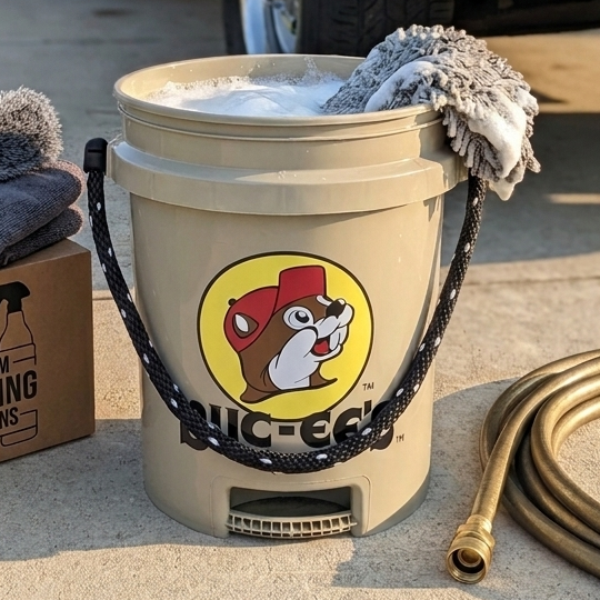 A lifestyle photo of the tan Buc-ee’s 5-gallon bucket being used for car detailing. The bucket, filled with soapy water and a grey microfiber wash mitt, sits on a concrete driveway next to a vintage tan pickup truck. Beside the bucket is a brown cardboard box labeled "Premium Detailing Solutions" topped with folded grey microfiber towels and a detailing brush. A brass-nozzle garden hose is coiled on the ground to the right. 