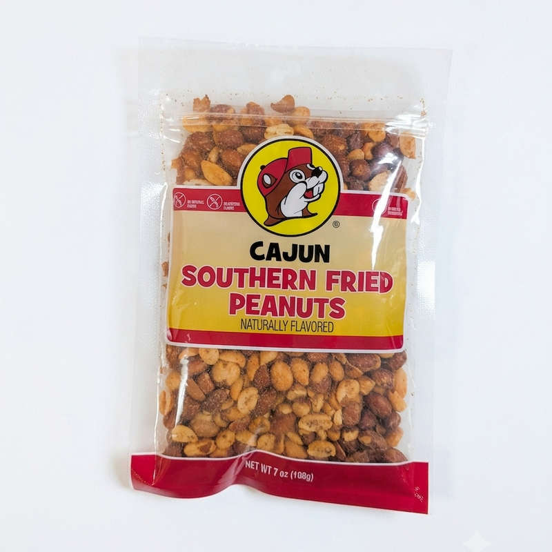 A 7 oz clear plastic bag of Buc-ee's Cajun Southern Fried Peanuts, featuring the round yellow beaver mascot logo on a yellow and red label, showing the seasoned red-tinted peanuts inside.