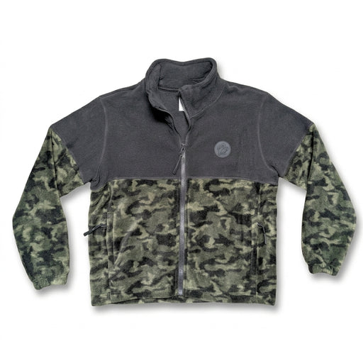 A front photo of a Buc-ee's Youth Camo Colorblock Fleece Jacket. The jacket features a solid charcoal grey upper yoke, a dark woodland camouflage lower body and sleeves, side zip pockets, and a round grey Buc-ee's beaver logo patch on the left chest.