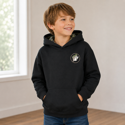 A youth boy wearing a black Buc-ee’s hoodie with a camouflage-lined hood and small Buc-ee’s logo patch on the chest.