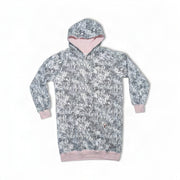 A flat-lay view of a Buc-ee's camo sleep hoodie. The thick sweatshirt features an allover light grey branch camouflage print, pink rib-knit sleeve cuffs and hem, a pink-lined hood, a front kangaroo pocket, and a small round Buc-ee's beaver logo patch.