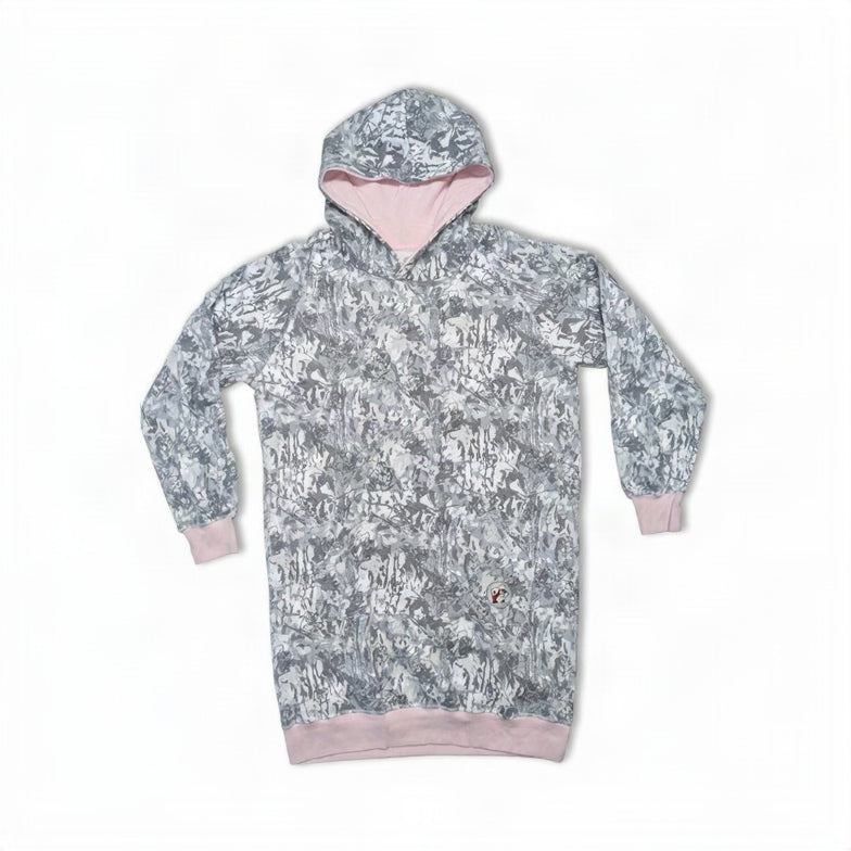 A flat-lay view of a Buc-ee's camo sleep hoodie. The thick sweatshirt features an allover light grey branch camouflage print, pink rib-knit sleeve cuffs and hem, a pink-lined hood, a front kangaroo pocket, and a small round Buc-ee's beaver logo patch.
