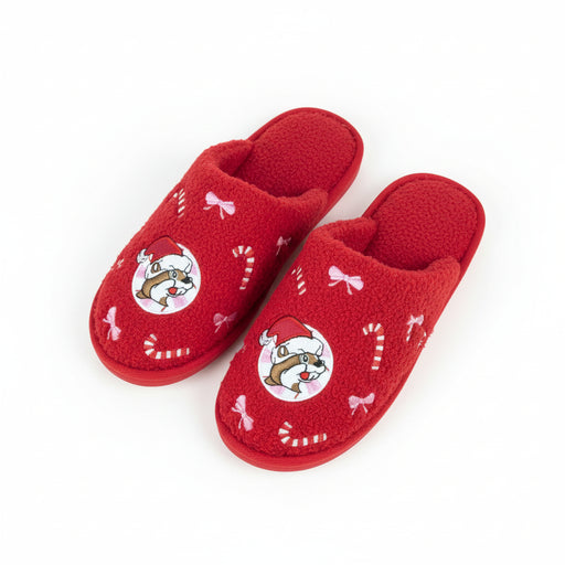 Buc-ee's Candy Cane Slippers are red with candy canes and pink bows on them with the logo in a pink peppermint. 