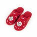Buc-ee's Candy Cane Slippers are red with candy canes and pink bows on them with the logo in a pink peppermint. 