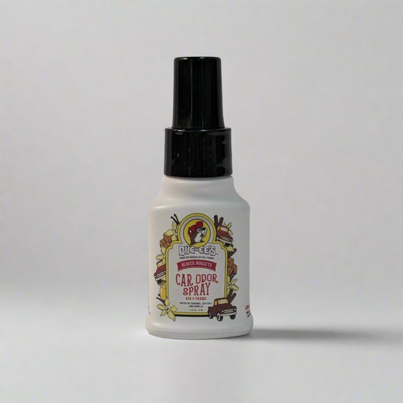 Buc-ee’s Car Odor Spray bottle featuring a Beaver Nuggets scent, with a black spray cap and colorful Buc-ee’s-themed label on a white background.

