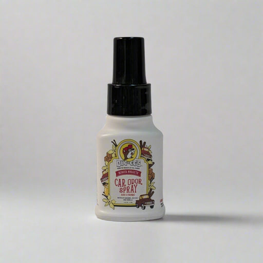 Buc-ee’s Car Odor Spray bottle featuring a Beaver Nuggets scent, with a black spray cap and colorful Buc-ee’s-themed label on a white background.

