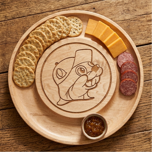 Top-down lifestyle view of a 12-inch round maple Buc-ee's cheese board on a rustic wooden table, featuring an etched beaver logo and styled with crackers, sliced cheddar cheese, summer sausage, and a small bowl of jam.