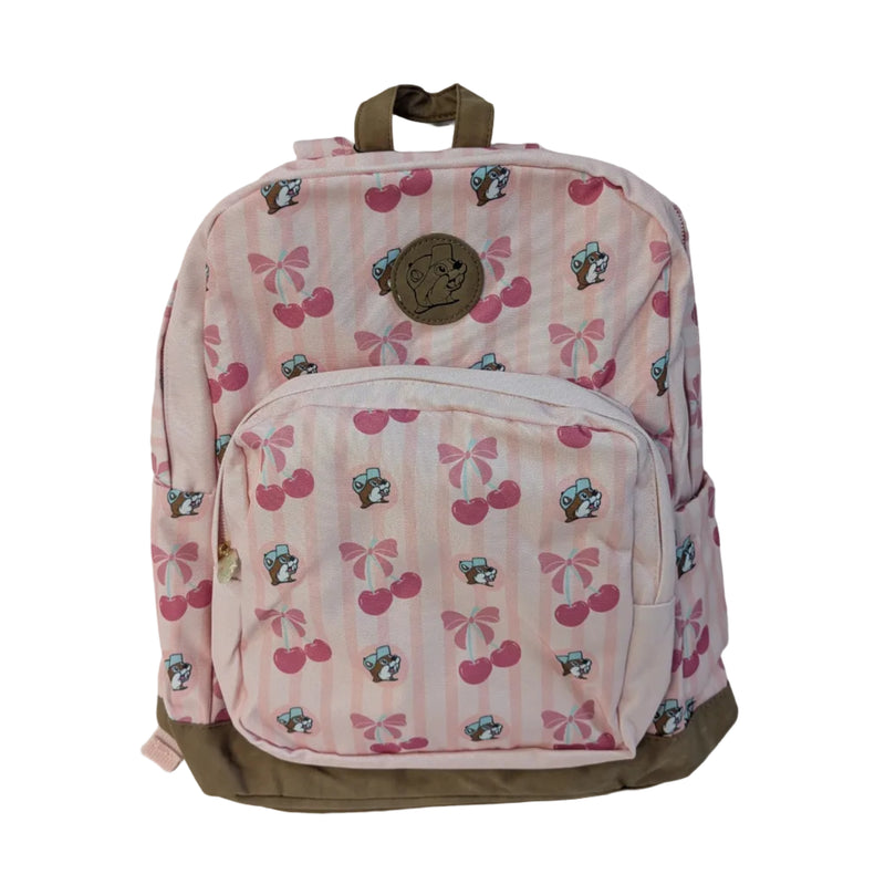 Front view of a light pink Buc-ee's 16-inch backpack featuring vertical stripes, pink cherry bow graphics, mini beaver mascot prints, brown bottom trim, and a faux-leather Buc-ee's patch.