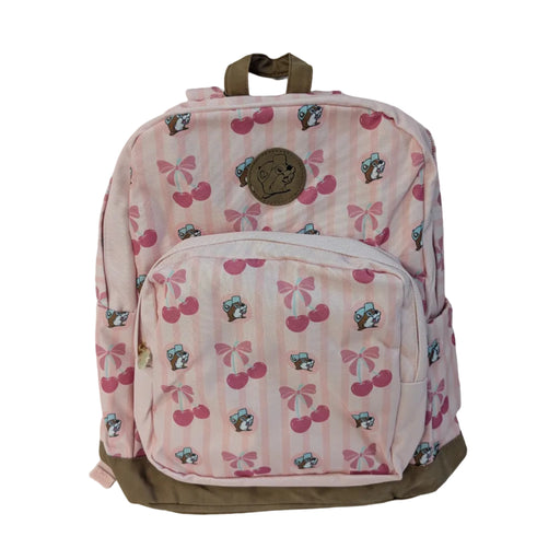 Front view of a light pink Buc-ee's 16-inch backpack featuring vertical stripes, pink cherry bow graphics, mini beaver mascot prints, brown bottom trim, and a faux-leather Buc-ee's patch.