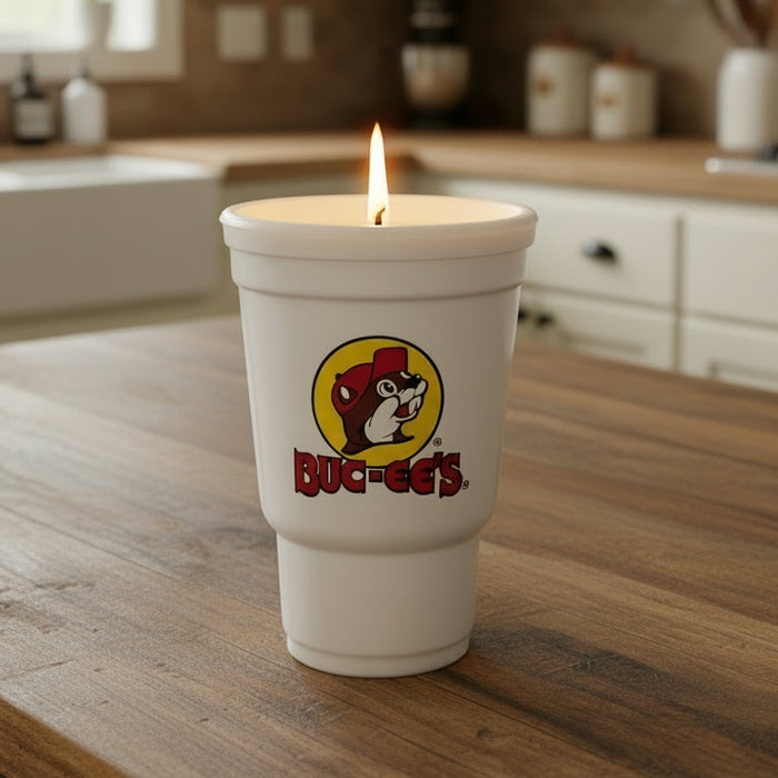 Buc-ee’s Cherry Cola scented candle in a white cup-style container featuring the Buc-ee’s beaver logo on the front, displayed on a kitchen counter.