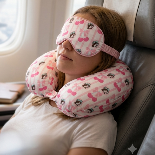 A woman is resting in an airplane seat, wearing a Buc-ee's Cherry matching travel comfort set featuring a light-pink and white candy-striped print decorated with small beaver mascots and cherry designs. She is wearing the supportive U-shaped neck pillow around her neck and the coordinating fabric eye mask over her eyes. In the blurred background, a notebook on a tray table and an airplane window.