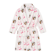 An overhead view of a plush white and pink vertically striped bathrobe featuring an allover print of the Buc-ee's beaver mascot, pink cherries, and bows, complete with two front pockets and a waist tie belt, displayed on a white background.