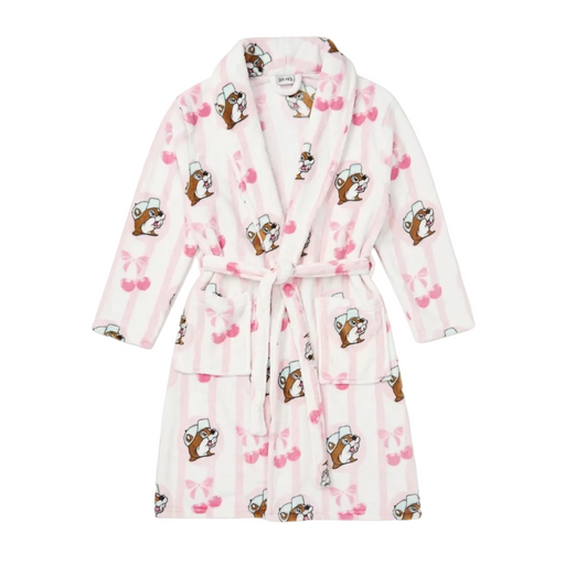 An overhead view of a plush white and pink vertically striped bathrobe featuring an allover print of the Buc-ee's beaver mascot, pink cherries, and bows, complete with two front pockets and a waist tie belt, displayed on a white background.