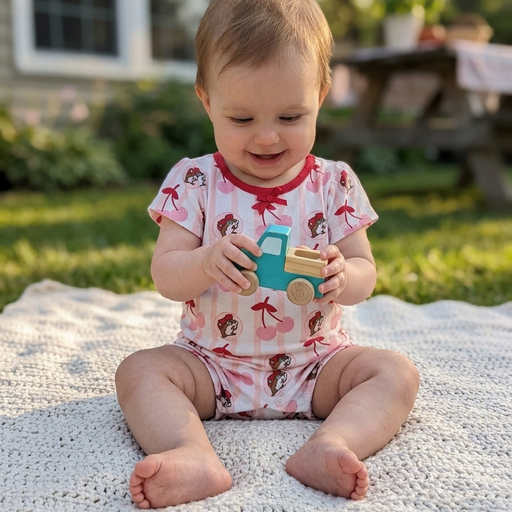 A smiling infant sitting on a white crocheted outdoor blanket, wearing a pink and white striped Buc-ee’s bubble romper with a cherry and beaver print. The baby is holding a small teal and wood toy truck. The background features a soft-focus grassy yard with a picnic table and a house under warm, natural sunlight.