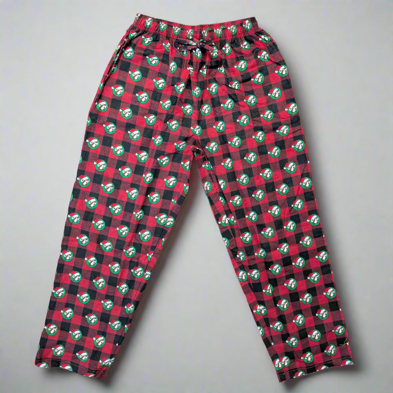 Front view of Buc-ee's Adult Christmas plaid pajama pants with red and green checkered pattern and beaver logo