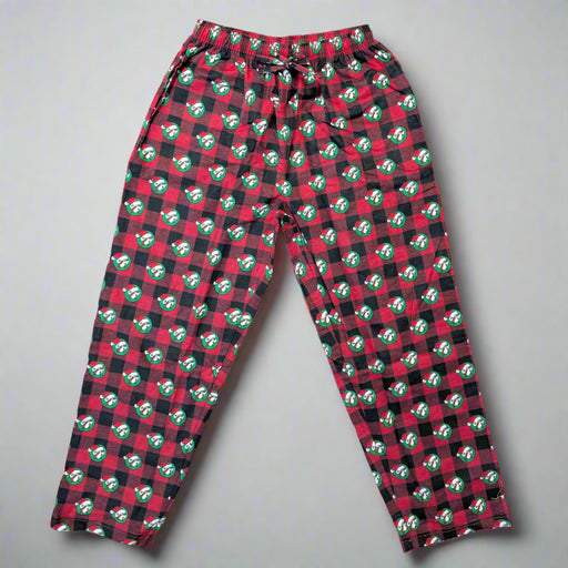 Front view of Buc-ee's Adult Christmas plaid pajama pants with red and green checkered pattern and beaver logo
