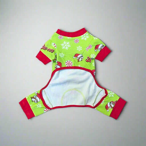 Buc-ee’s Christmas pet onesie showing festive holiday design with Buc-ee logos, peppermints, and snowflakes.