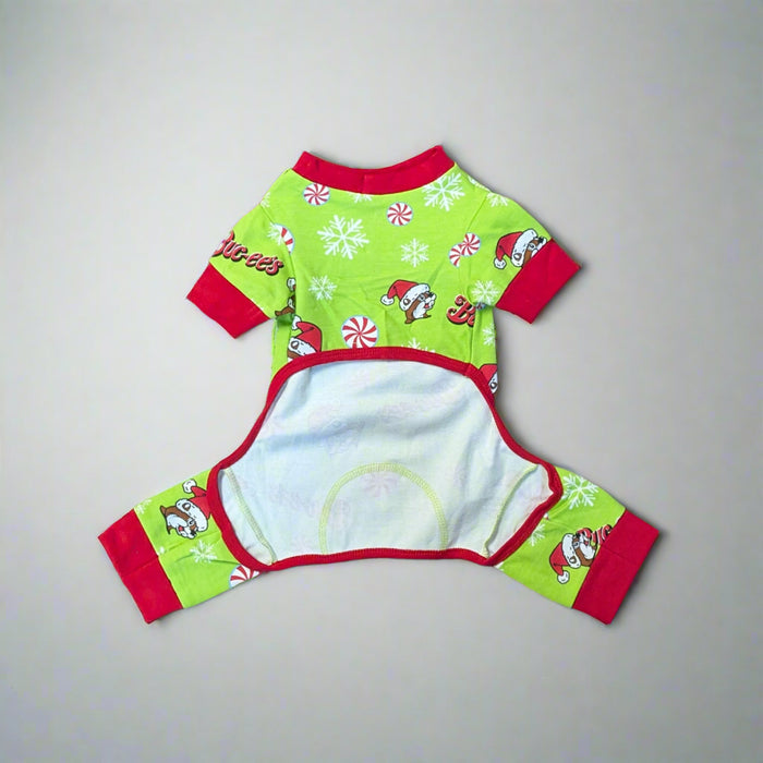 Buc-ee’s Christmas pet onesie showing festive holiday design with Buc-ee logos, peppermints, and snowflakes.