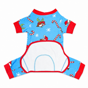 Back view of blue Buc-ee’s Christmas pet pajamas featuring a white belly panel with red trim, blue stitching, red cuffs, and an allover holiday print of beaver characters, candy canes, and white snowflakes.
