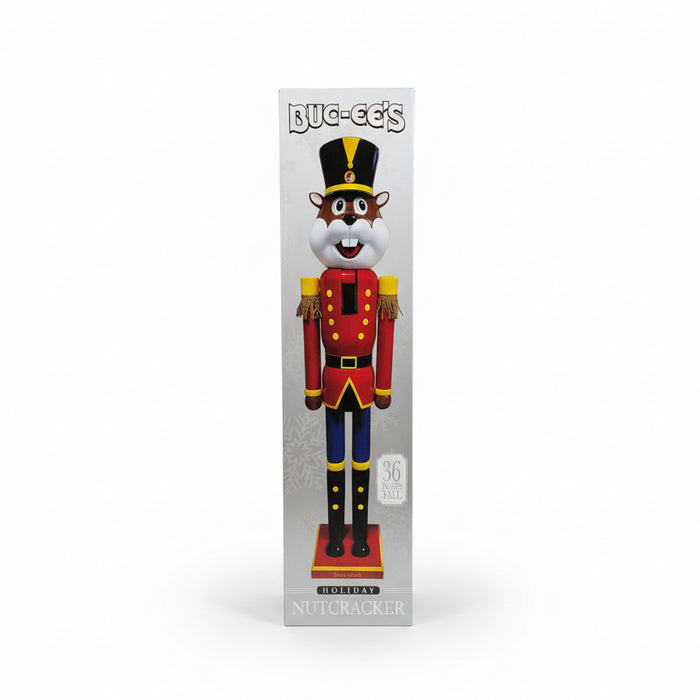 Nutcracker figure with packaging labeled 'Buc-ee's' on a white background