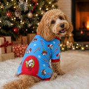 A fluffy tan dog wearing blue Buc-ee’s Christmas pajamas with red trim, featuring festive beaver characters in Santa hats and reindeer antlers, candy canes, white snowflakes, and a red wreath design on the back. The dog sits on a white rug in a cozy holiday setting with a decorated Christmas tree, wrapped gifts, and a glowing fireplace.