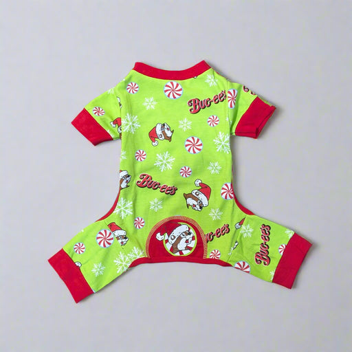 Green Buc-ee’s Christmas pet onesie with red trim, snowflakes, peppermints, and Buc-ee wearing a Santa hat