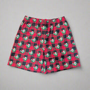 Buc-ee’s Christmas Plaid Boxers with red and black plaid pattern featuring repeating Buc-ee in a Santa hat design.