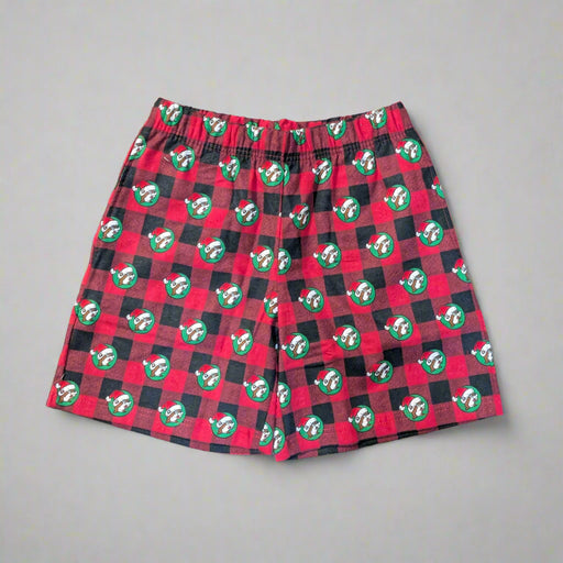 Buc-ee’s Christmas Plaid Boxers with red and black plaid pattern featuring repeating Buc-ee in a Santa hat design.